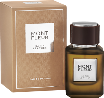 Mont Fleur Satin Leather EDP: brązowa butelka i beżowe pudełko z białymi etykietami, na czarnym tle.