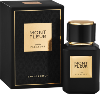 Mont Fleur Oud Pleasure woda perfumowana, czarna butelka i pudełko ze złotą etykietą, widok z przodu.