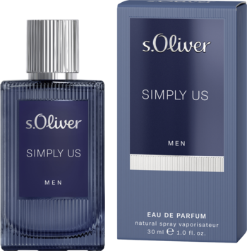 S.Oliver SIMPLY US Men Eau de Parfum: ciemnoniebieski flakon z pionowymi paskami obok dopasowanego pudełka.