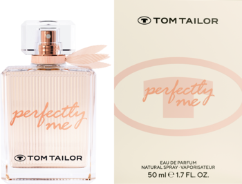 Tom Tailor Perfectly Me EDP 50ml w przezroczystej butelce z różowozłotymi detalami i beżowym opakowaniu, widok z przodu.