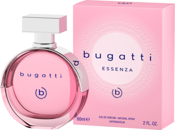 Różowe perfumy bugatti Essenza w okrągłym flakonie z logo 'b' i pasujące pudełko, widok z przodu, jasne tło.