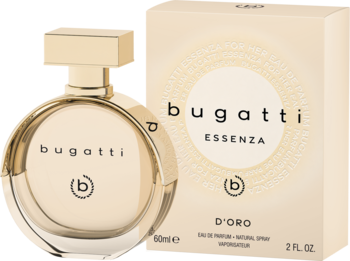 Złoty flakon perfum Bugatti Essenza D’Oro i beżowe pudełko z logo, widok z przodu.