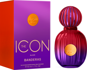 Banderas The Icon Elixir EDP dla kobiet, fioletowo-czerwona butelka z żłobieniami i opakowanie.