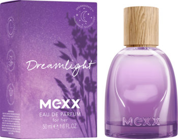 Lawendowa woda perfumowana Mexx Dreamlight dla kobiet 50ml, szklany flakon z drewnianą nakrętką i pudełko. Widok z przodu.