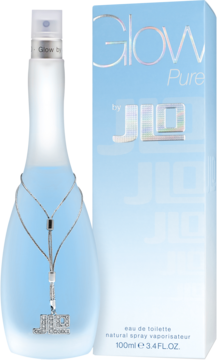 Perfumy Glow by JLo Pure EDT 100ml w podłużnej, matowej, błękitnej butelce z łańcuszkiem, obok błękitne pudełko.