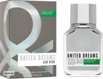 Męskie perfumy United Dreams Aim High: szare pudełko z literą U i przezroczysta butelka 100ml, widok z przodu.