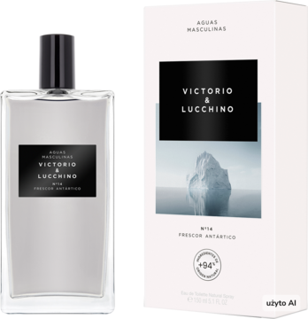 Męskie perfumy Victorio & Lucchino N°14 Fresco Antartico w szklanej butelce obok białego pudełka z grafiką góry lodowej.