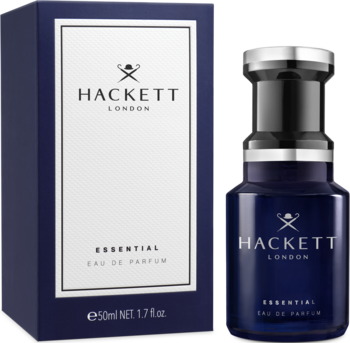 Hackett Essential Eau de Parfum 50ml, ciemnoniebieska butelka i pudełko z logo, na czarnym tle.