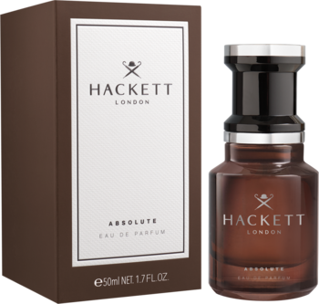 Hackett London Absolute Eau de Parfum; brązowy flakon i pudełko z logo, widok z przodu. Zapach kosmopolityczny.