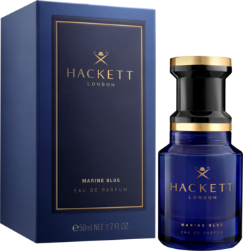 Hackett London Marine Blue Eau de Parfum 50ml w granatowej butelce i pudełku ze złotym logo, widok z przodu.