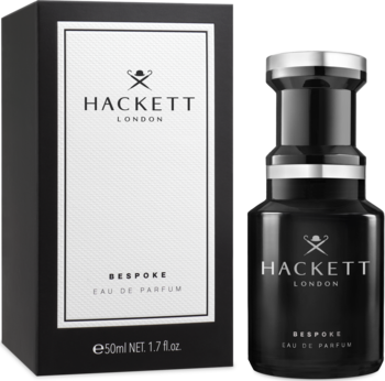 Czarna butelka Hackett London Bespoke Eau de Parfum 50ml z srebrnym korkiem, obok dopasowanego pudełka.