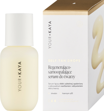 Kremowa butelka YOUR KAYA SELF-TAN DROPS regenerującego serum samoopalającego do twarzy obok biało-złotego pudełka.