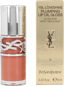 YSL Loveshine Plumping Lip Oil Gloss nr 5, brzoskwiniowy, w srebrnej tubce, obok złotego pudełka produktu.