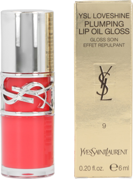 YSL Loveshine Plumping Lip Oil Gloss, koralowy błyszczyk w tubce z logo YSL, obok złotego opakowania produktu.