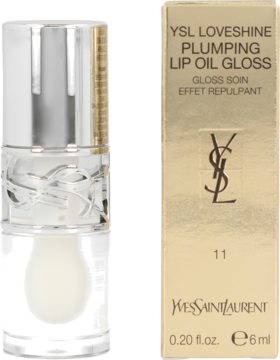 YSL Loveshine Plumping Lip Oil Gloss, przezroczysta butelka i złote pudełko z przodu, odcień 11, 6ml.