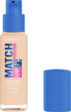 Rimmel Match Perfection podkład SPF 20 w beżowej butelce z niebieską pompką, korek leży obok.