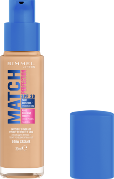 Podkład Rimmel Match Perfection 070W Sesame SPF 20 w beżowej butelce z niebieską pompką, widok z przodu, odkręcona nakrętka.