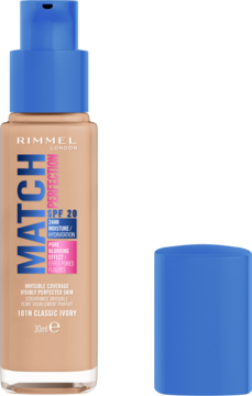 Podkład Rimmel Match Perfection SPF 20 w beżowej butelce z niebieską pompką i oddzieloną nakrętką.