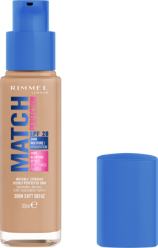 Rimmel Match Perfection podkład do twarzy SPF 20 290N Soft Beige, beżowa butelka z niebieską pompką i zakrętką.