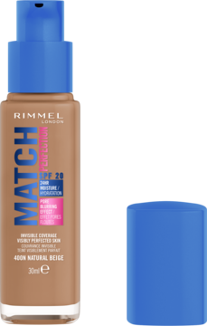 Nawilżający podkład Rimmel Match Perfection 400N Natural Beige SPF 20, butelka z niebieską pompką, obok zakrętka.