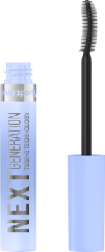 Miss Sporty Studio Lash Next Generation tubing mascara, błękitna tubka z napisem, obok otwarta czarna szczoteczka.