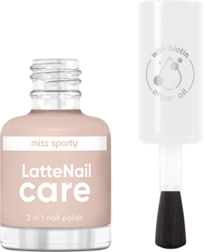 Lakier Miss Sporty Latte Nail Care 2w1, beżowa butelka i pędzelek z napisami: biotyna, argan oil.