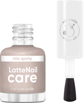Miss Sporty Latte Nail Care 2w1 lakier, jasnobeżowy, z pędzelkiem. Widoczne składniki: biotyna, olejek arganowy.