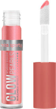 Miss Sporty Glow Pearls, róż w płynie, w otwartej butelce i obok aplikator z perłowym, różowym produktem.