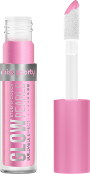 Miss Sporty Studio Color Glow Pearls, płynny róż perłowy. Różowa buteleczka i aplikator z lśniącym produktem, widok z przodu.