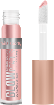 Miss Sporty Studio Color Glow Pearls Płynny rozświetlacz, butelka i aplikator z perłowym płynem, różowe akcenty.