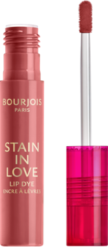 Bourjois Stain in Love tint do ust, brzoskwiniowo-różowa butelka, jaskrawy róż na aplikatorze. Widok z przodu.