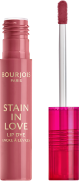Bourjois Stain in Love Lip Dye, różowy tint do ust z otwartym opakowaniem i wyjętym aplikatorem, zbliżenie.