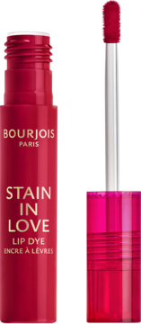 Bourjois Stain in Love Lip Dye w fuksjowo-czerwonym kolorze z aplikatorem, otwarte opakowanie na czarnym tle.