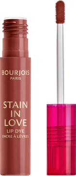 Rdzawoczerwony tint do ust Bourjois Stain in Love, butelka z różową zakrętką i aplikatorem obok.