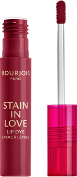 Otwarty tint do ust Bourjois Stain in Love w głębokiej czerwieni, z widocznym aplikatorem obok.