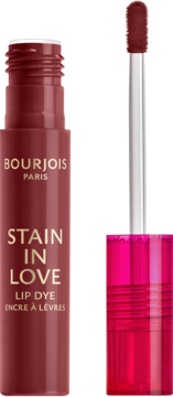 Otwarty długotrwały tint do ust Bourjois Stain in Love Lip Dye, butelka i aplikator w burgundzie.