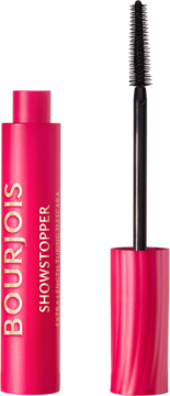 Różowy tusz Bourjois Showstopper wydłużający rzęsy, obok otwarta stożkowa szczoteczka silikonowa.