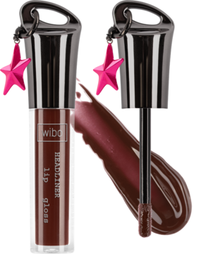 Błyszczyk Wibo Luminous Lip Gloss, burgundowy, z brokatem. Zamknięta tuba i otwarta z aplikatorem, plus smuga na czarnym tle.