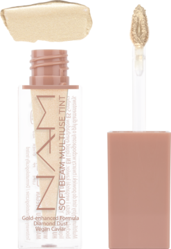Multifunkcyjny tint MAM Gold z aplikatorem i złotym swatch'em, wzbogacony pyłem diamentowym. Widok z boku.