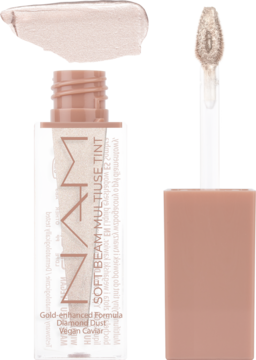 LAMAV Softbeam Multiuse Tint z pyłem diamentowym i wegańskim kawiorem. Buteleczka, aplikator i perłowy swatch.