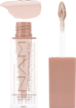 MMA Soft Beam, złoty tint do powiek i twarzy z diamentowym pyłem i kawiorem. Otwarta butelka, aplikator i beżowy swatch produktu.