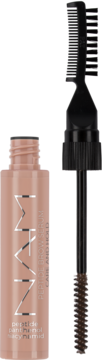 Stylizująco-pielęgnujące serum do brwi MAN w beżowej buteleczce, z peptydami, z otwartą brązową szczoteczką i grzebykiem.