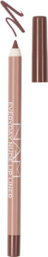NARS Everyday Nude Lip Liner – brązowa konturówka z odkrytym rysikiem, swatchami koloru, widokiem ze zdjętą skuwką.