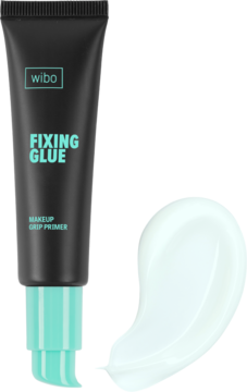 Primer wibo FIXING GLUE w czarnej tubce z turkusową pompką, obok lepki, biały żel grip primer.
