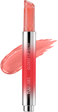 TULI LABS Glossy Lip Balm, nawilżający, koralowy z połyskiem, w srebrno-koralowej tubce, widok z przodu.