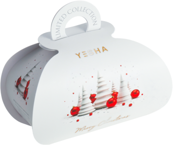Yesha Limited Collection, świąteczne pudełko w kształcie bombki, białe z białymi choinkami, czerwonymi ozdobami, widok z przodu.