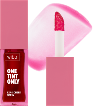 Wielofunkcyjny różowy tint Wibo ONE TINT ONLY, butelka, aplikator z produktem i swatch koloru.