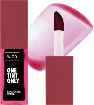 Wibo One Tint Only Lip & Cheek Stain: butelka z matową nakrętką i swatch intensywnej, śliwkowej czerwieni.