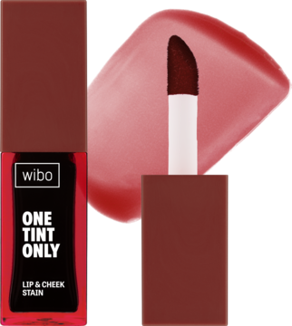 Wibo One Tint Only Lip & Cheek Stain, ciemnoczerwony. Widok opakowania i aplikatora z rozmazaną próbką.