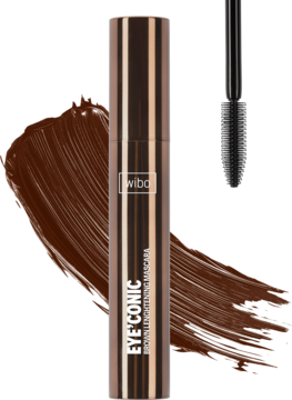 Wibo Eye'conic Brown Lengthening Mascara w brązowej tubce, widoczna elastyczna szczoteczka i smuga tuszu.